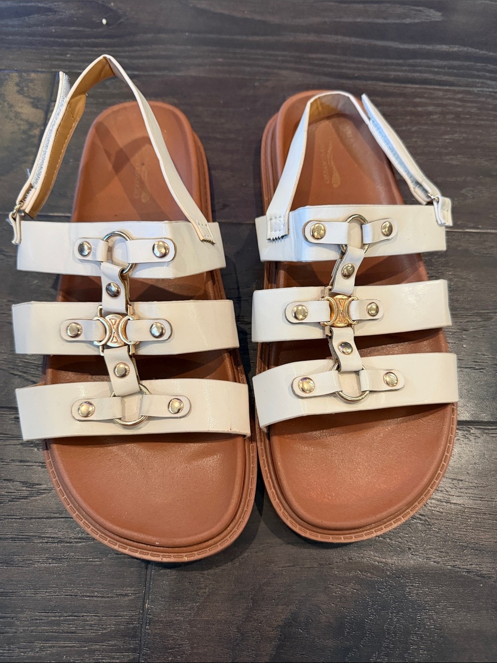 Women's Cream Strappy Leather Sandals with Gold Hardware